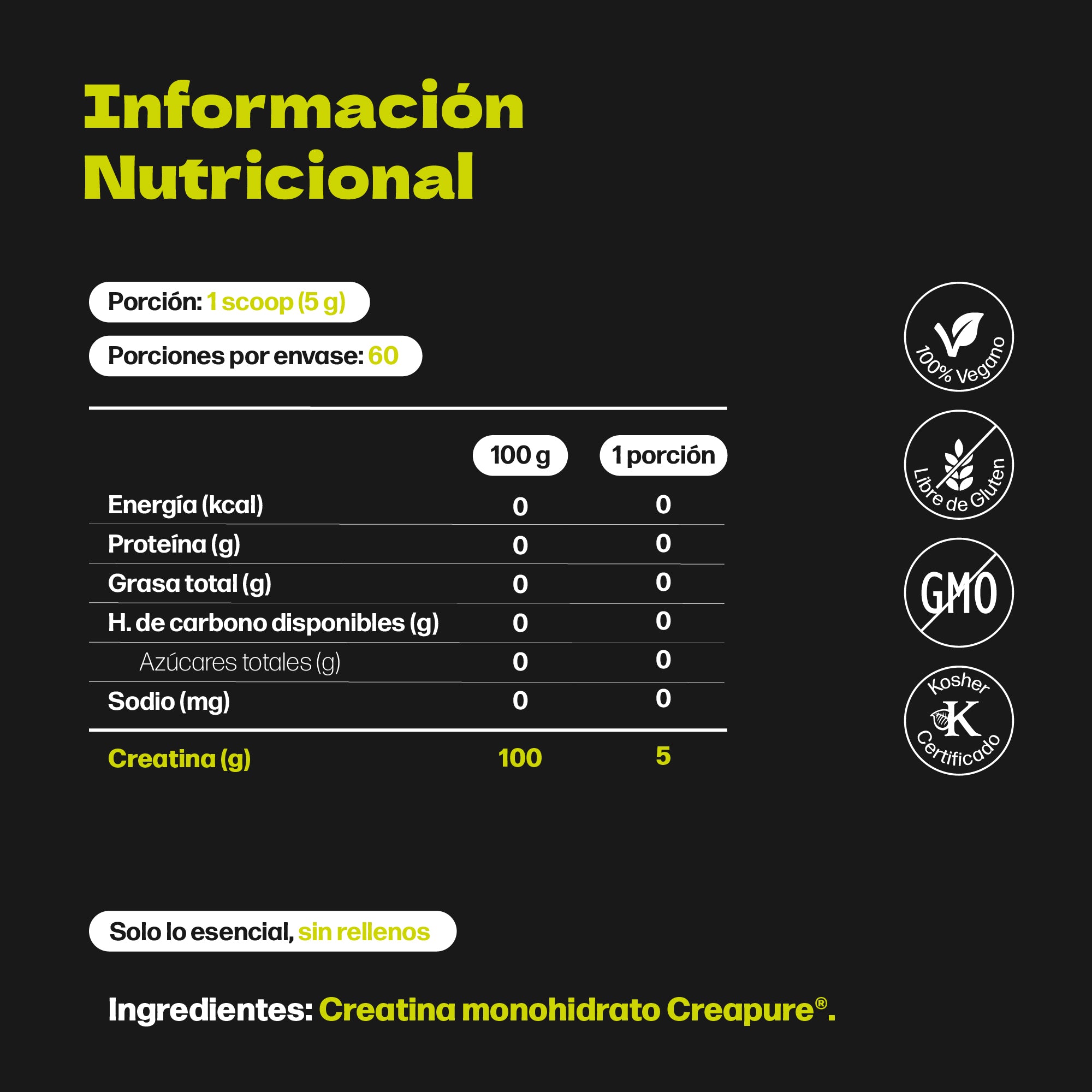 información nutricional creatina Creapure Dun - pura, sin rellenos, 100% vegano, libre de gluten, Kosher, GMO free